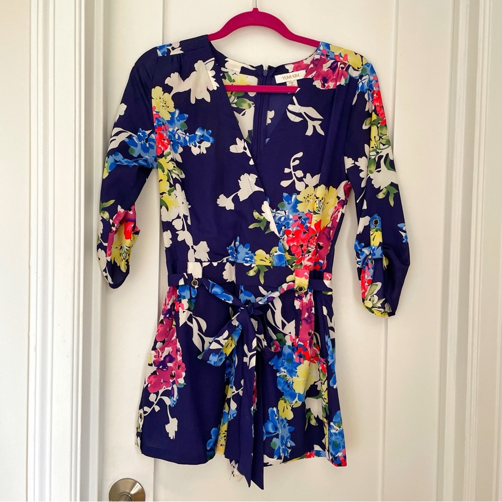 🪷 Yumi Kim Liz Romper with Tie Waist Navy Blue with Yellow Red & Purple Flowers